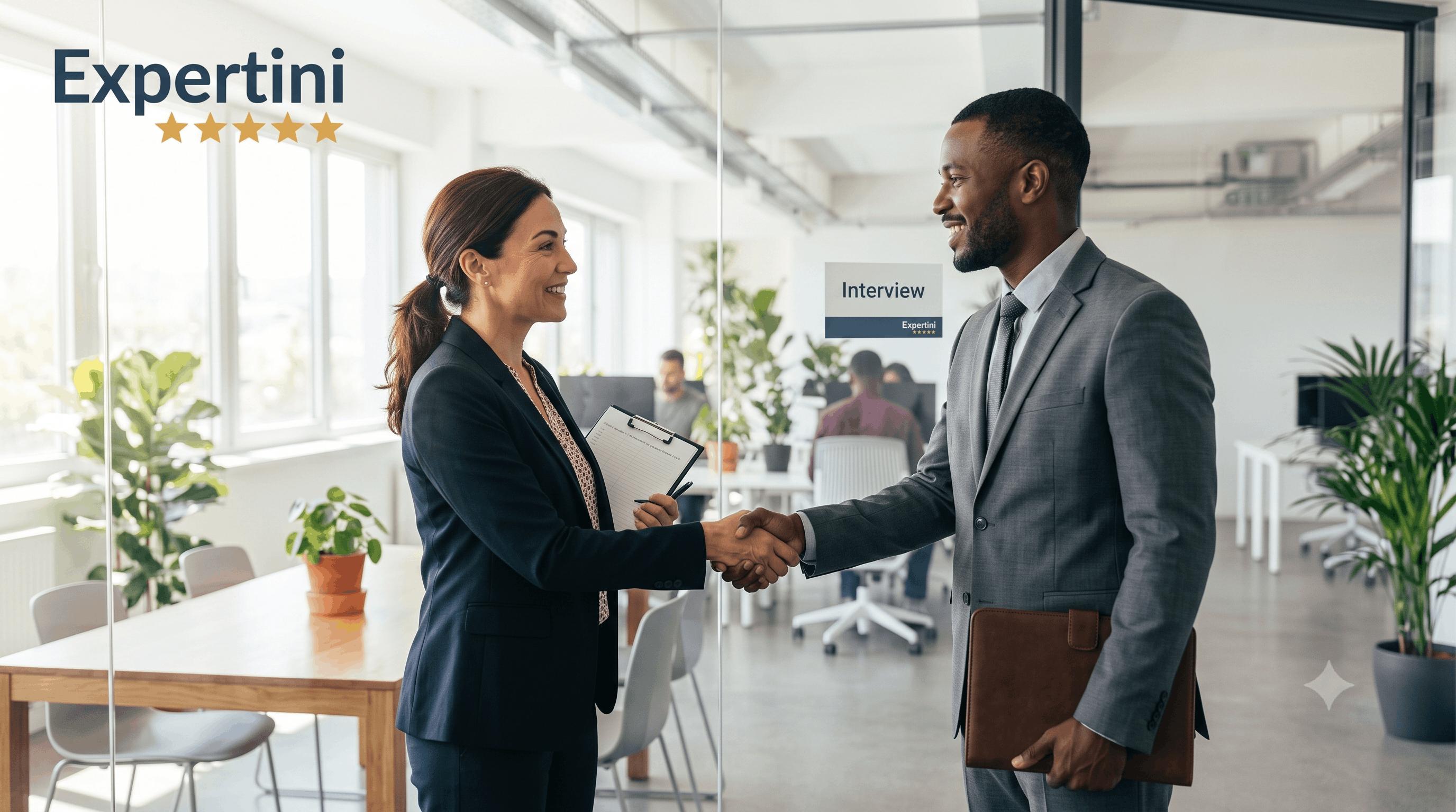 An interviewer welcoming a candidate with a handshake
